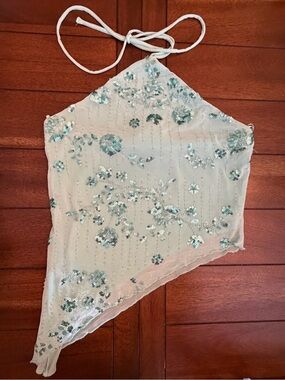 feathers White Halter Tank Top with Seafoam Sequins